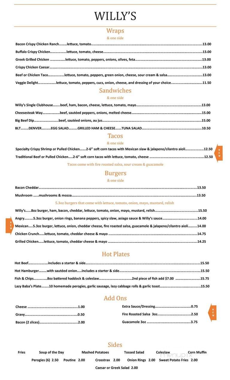 Willy's Grill - Foam Lake, SK menu_pic