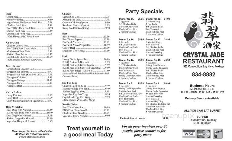 Crystal Jade Restaurant - Foxtrap, NL menu_pic