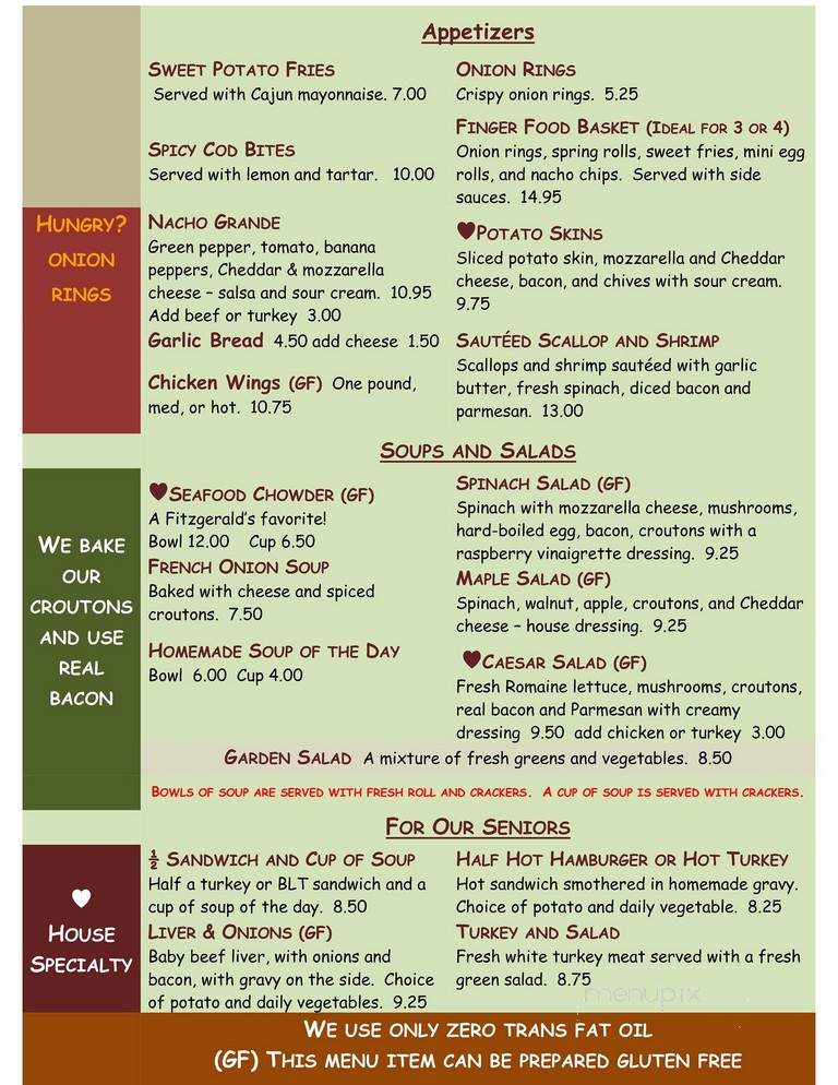 Menu of Fitzgerald's Restaurant in Cape Breton, NS B1P 1J9