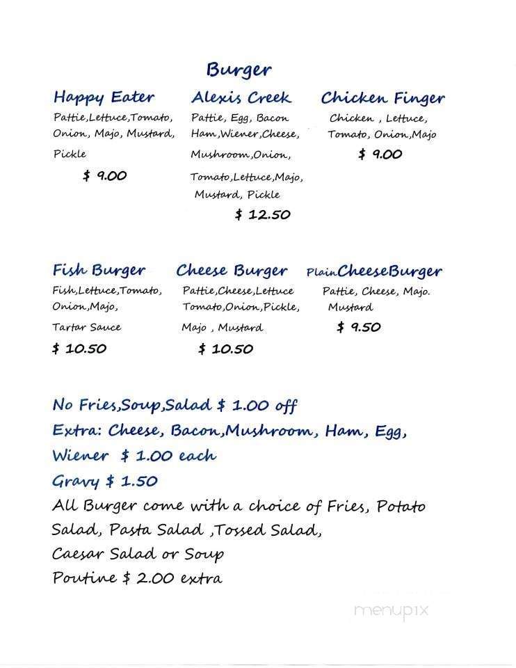 Happy Eater Restaurant - Alexis Creek, BC menu_pic