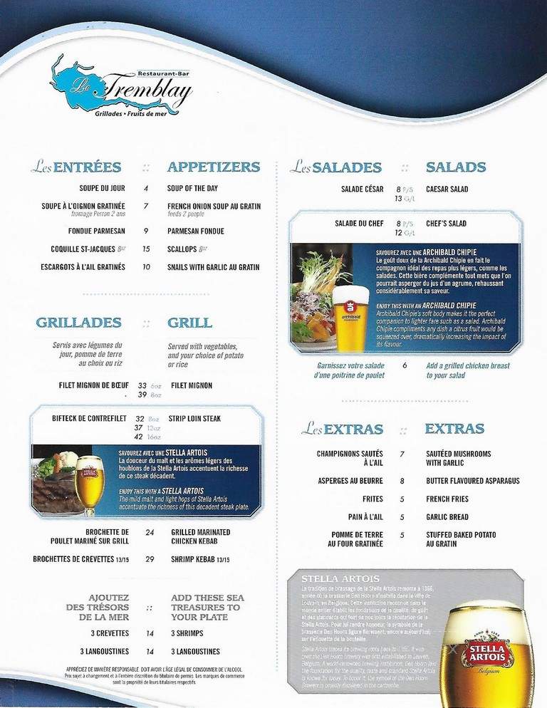 Restaurant-Bar Le Tremblay - Chicoutimi, QC menu_pic
