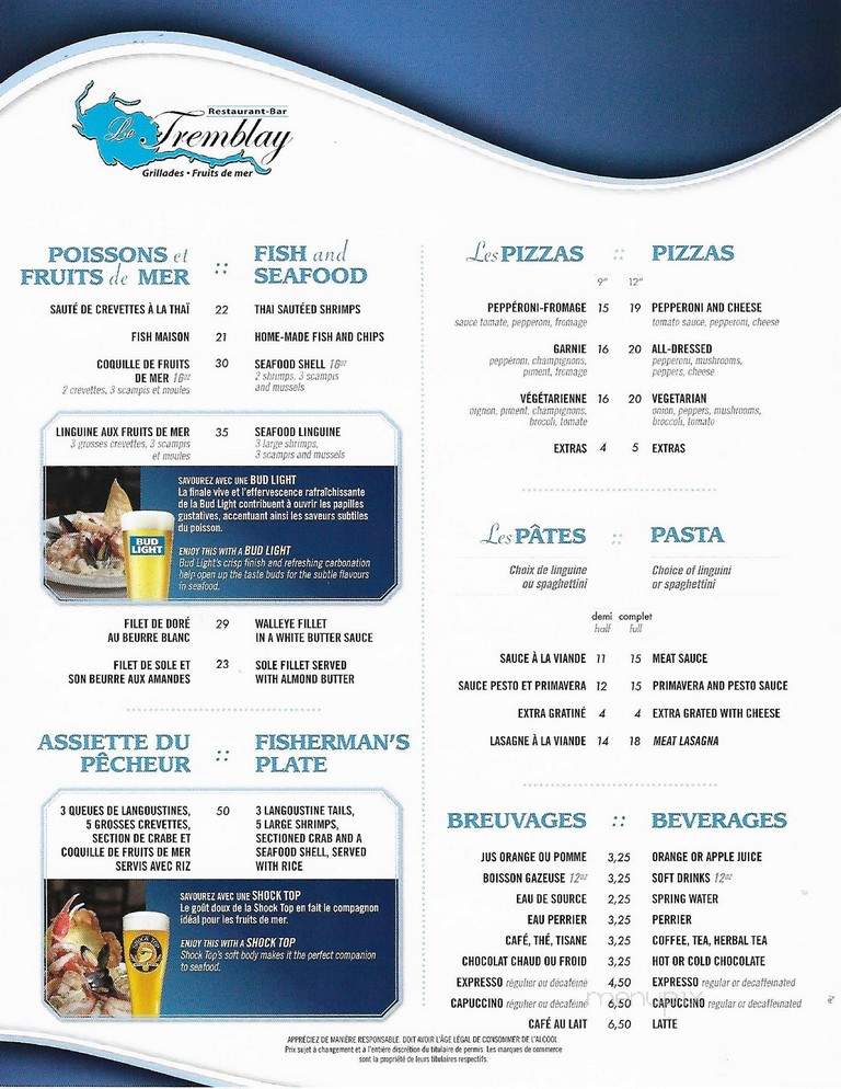 Restaurant-Bar Le Tremblay - Chicoutimi, QC menu_pic