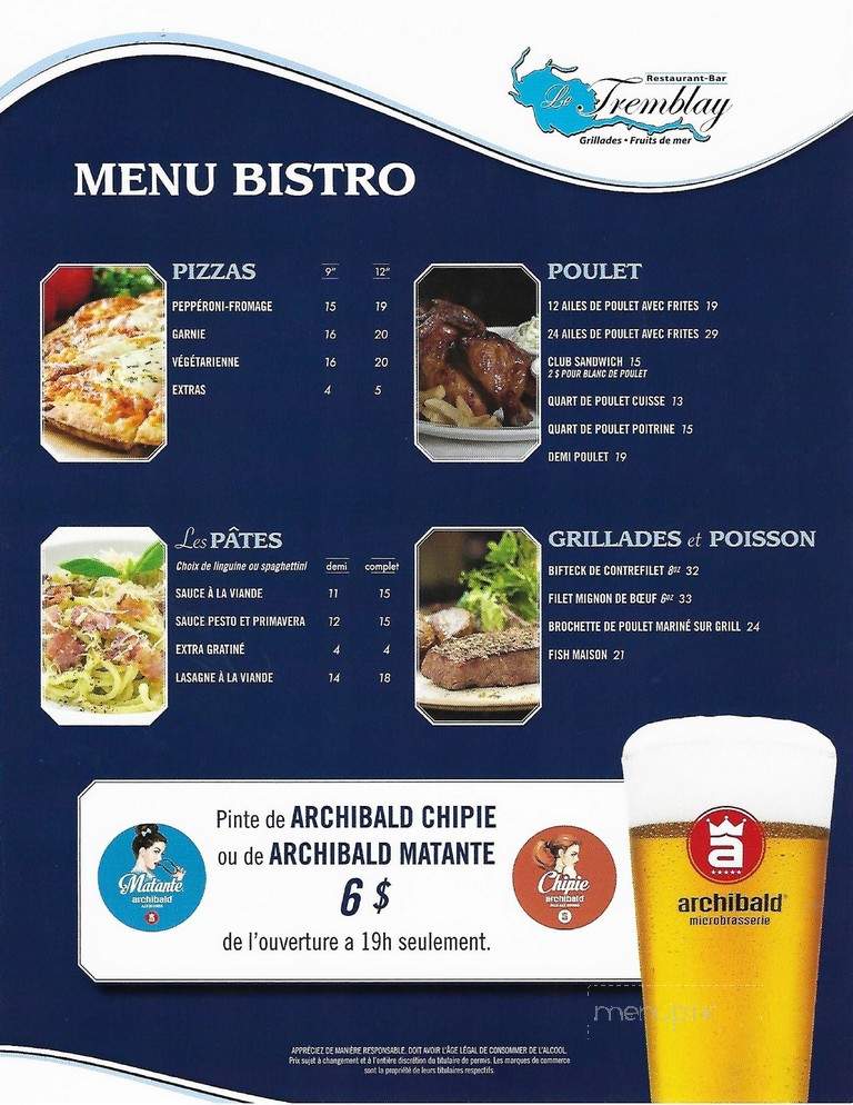 Restaurant-Bar Le Tremblay - Chicoutimi, QC menu_pic