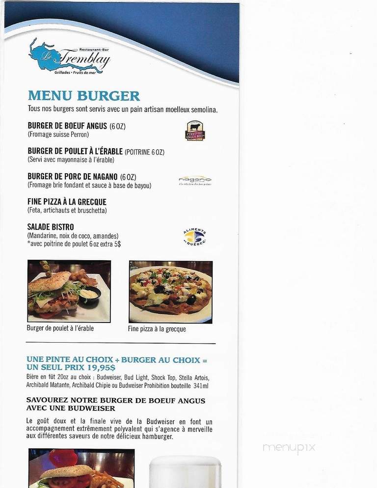 Restaurant-Bar Le Tremblay - Chicoutimi, QC menu_pic