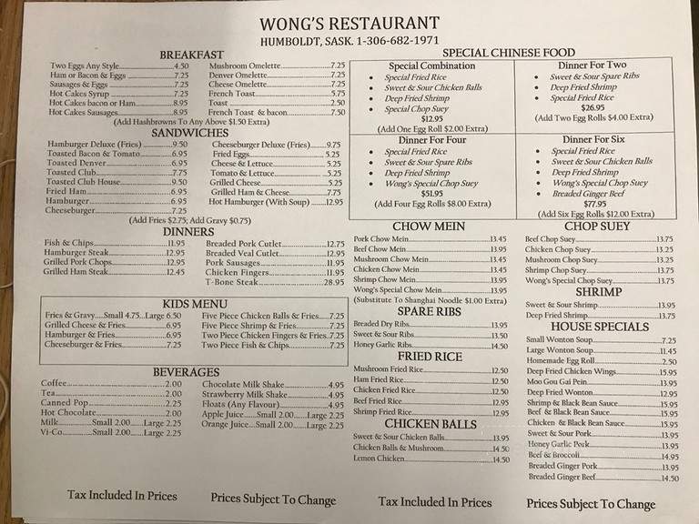 Wong's Restaurant - Humboldt, SK menu_pic