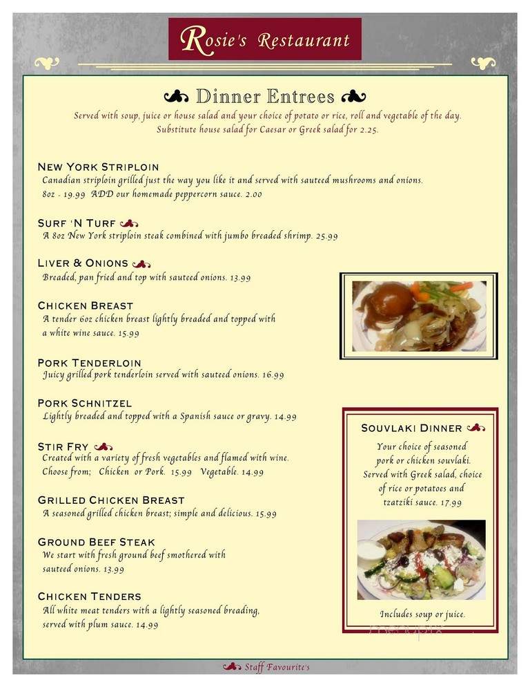 Rosie's Family Restaurant - Brighton, ON menu_pic