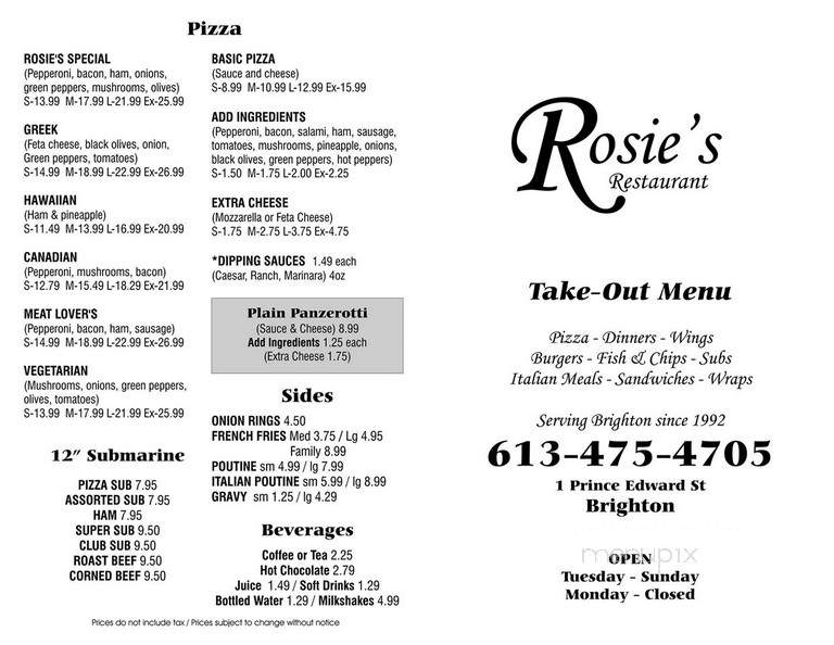 Rosie's Family Restaurant - Brighton, ON menu_pic