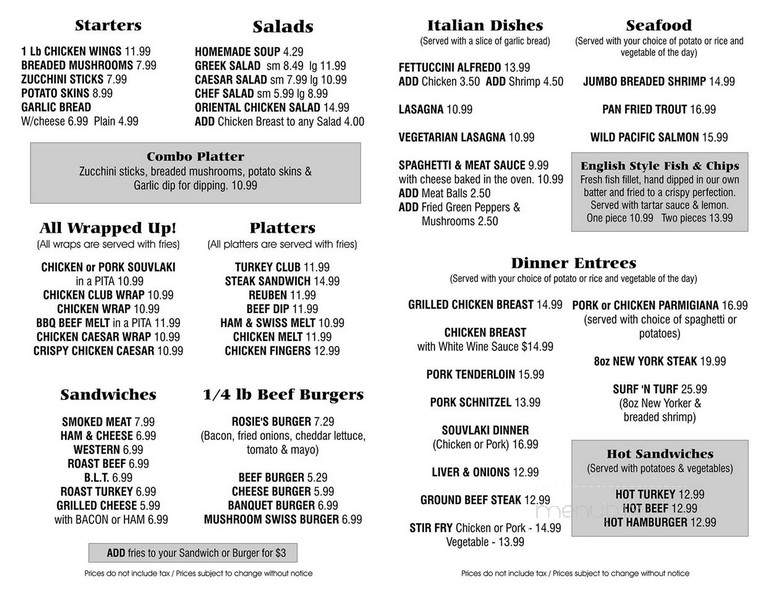 Rosie's Family Restaurant - Brighton, ON menu_pic