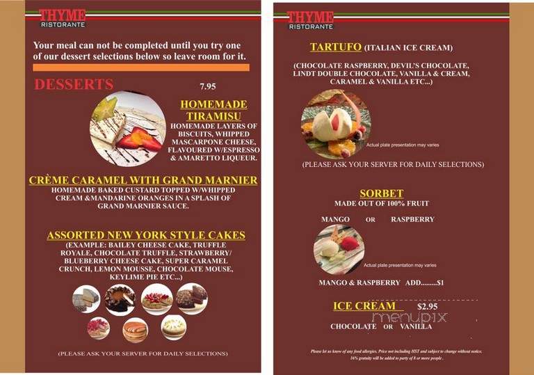 Thyme 4 Restaurant - Etobicoke, ON menu_pic