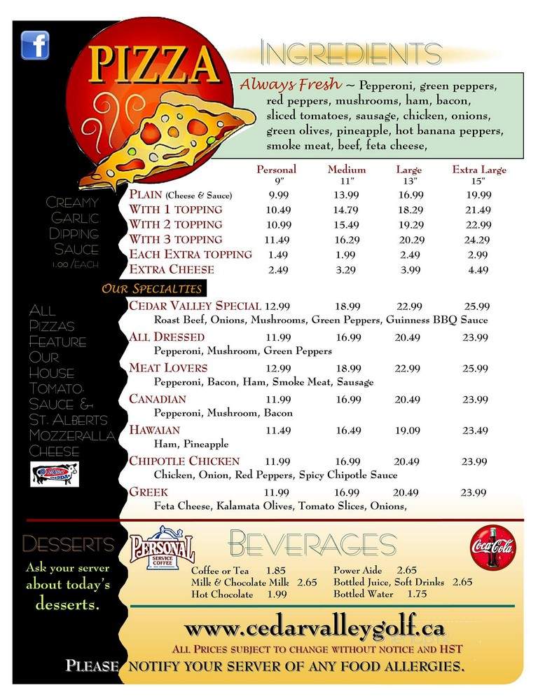 Cedar Valley Golf & Country Club - Brockville, ON menu_pic