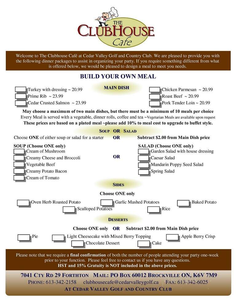 Cedar Valley Golf & Country Club - Brockville, ON menu_pic
