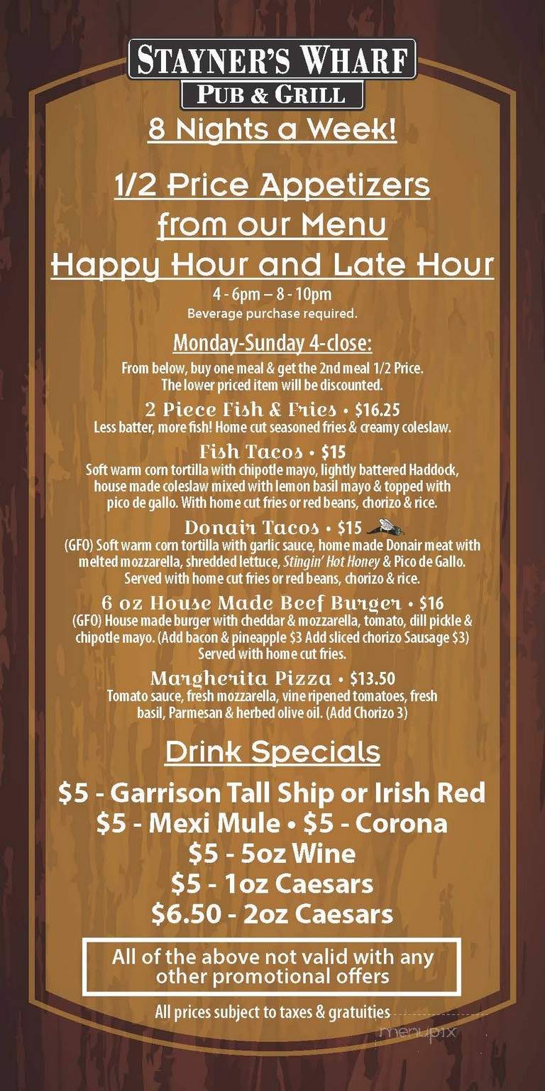 Stayner's Wharf Pub & Grill - Halifax, NS menu_pic
