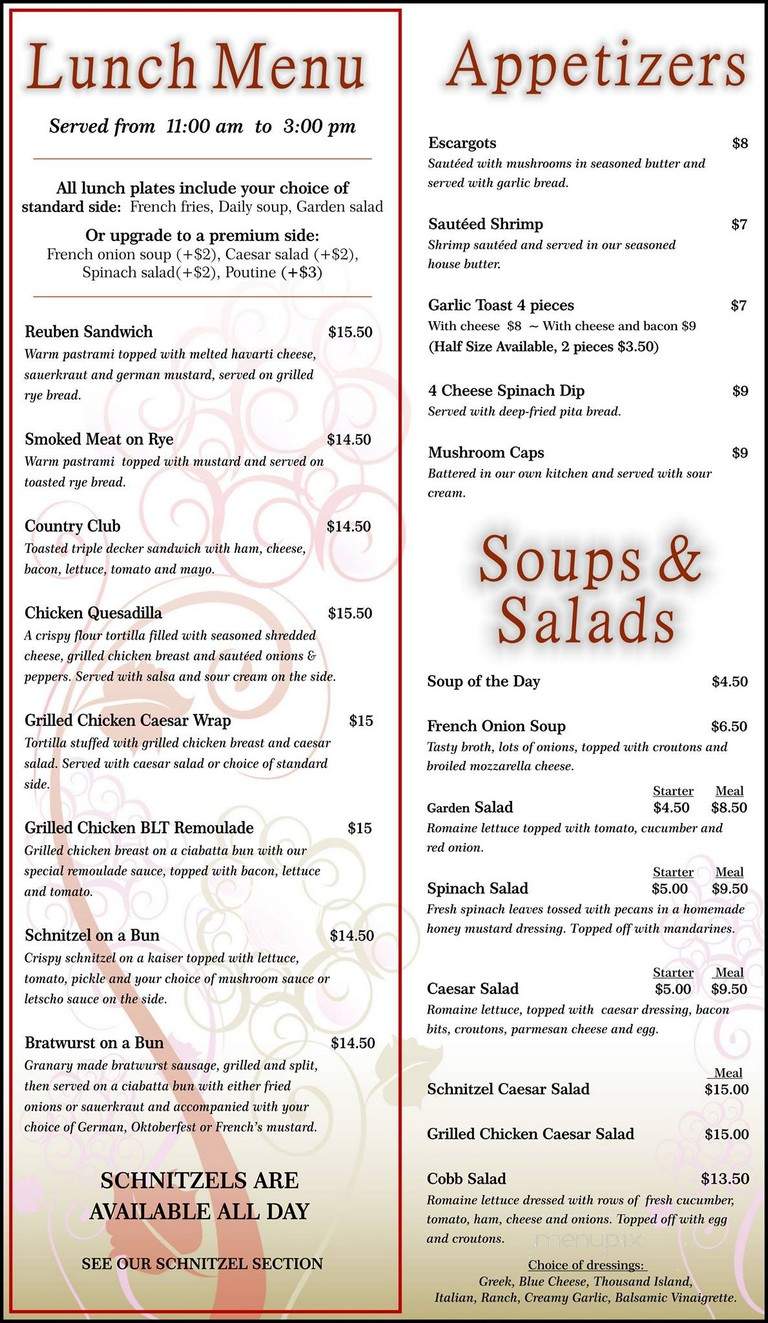 The Granary Schnitzel House Restaurant - Whitewater Region, ON menu_pic