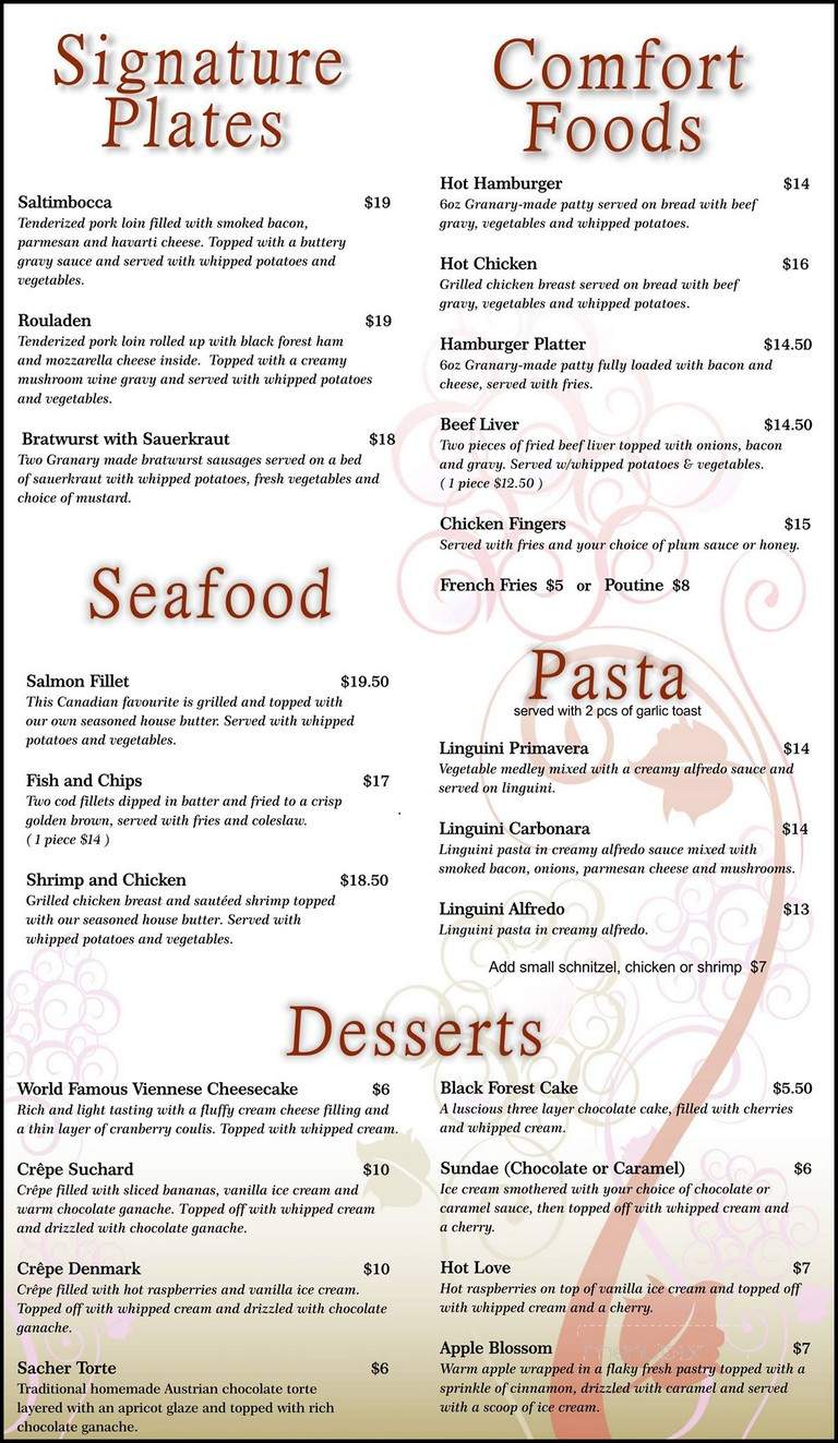 The Granary Schnitzel House Restaurant - Whitewater Region, ON menu_pic