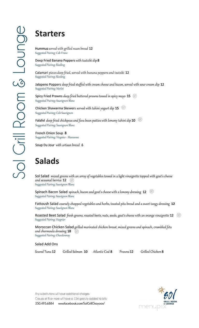 Sol Grill Room & Lounge - Osoyoos, BC menu_pic