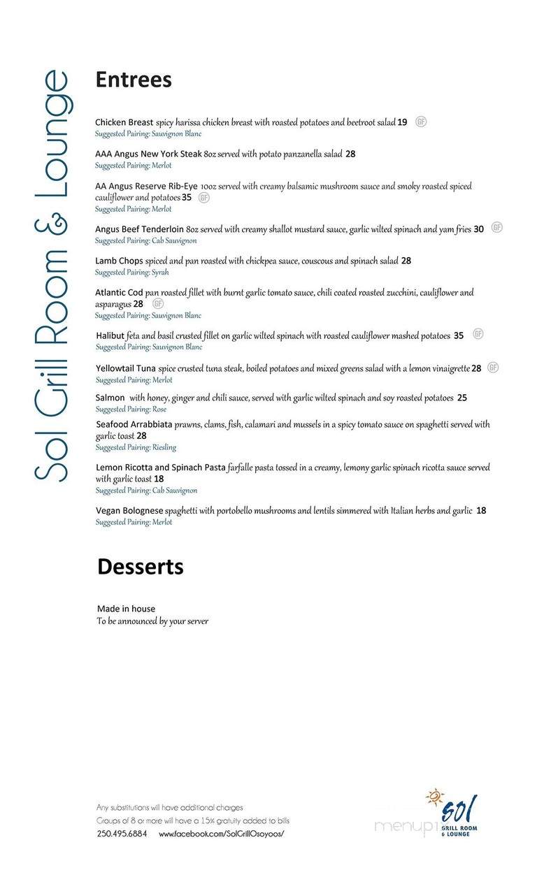 Sol Grill Room & Lounge - Osoyoos, BC menu_pic