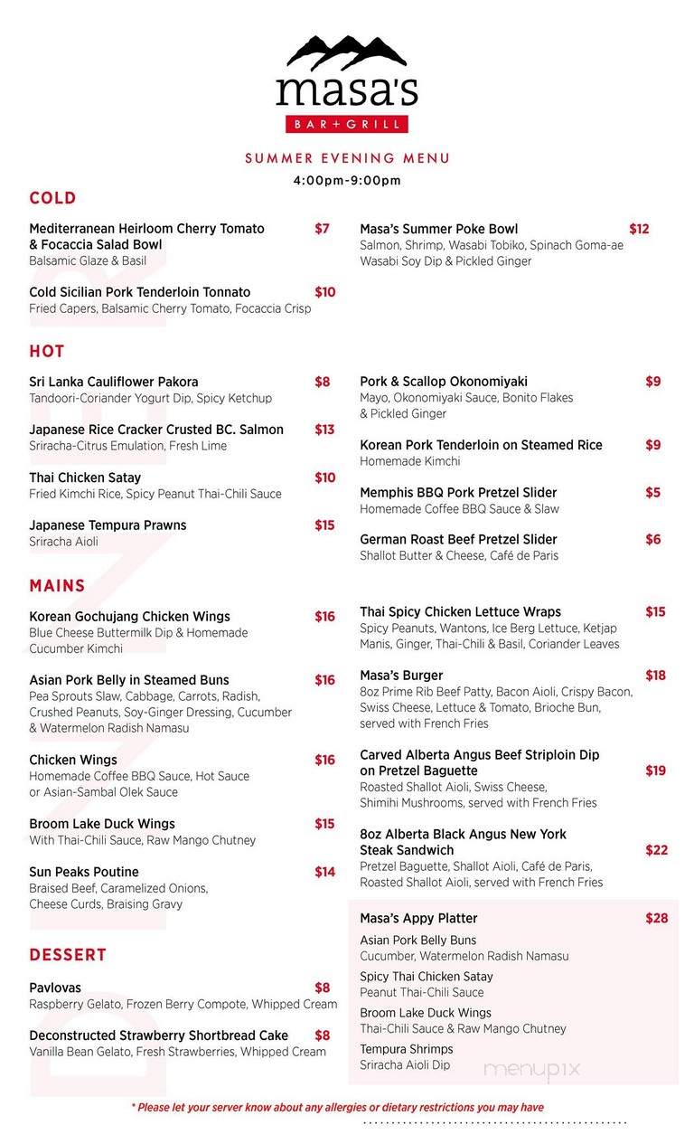 Masa's Bar & Grill - Sun Peaks, BC menu_pic