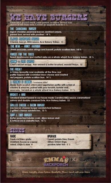Emma's Back Porch - Burlington, ON menu_pic