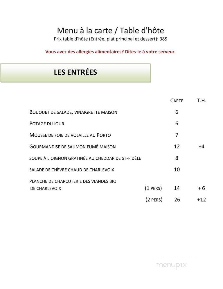 Auberge De Nos Aieux - Les eboulements, QC menu_pic