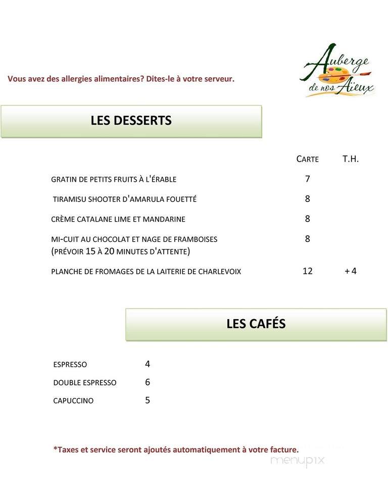 Auberge De Nos Aieux - Les eboulements, QC menu_pic