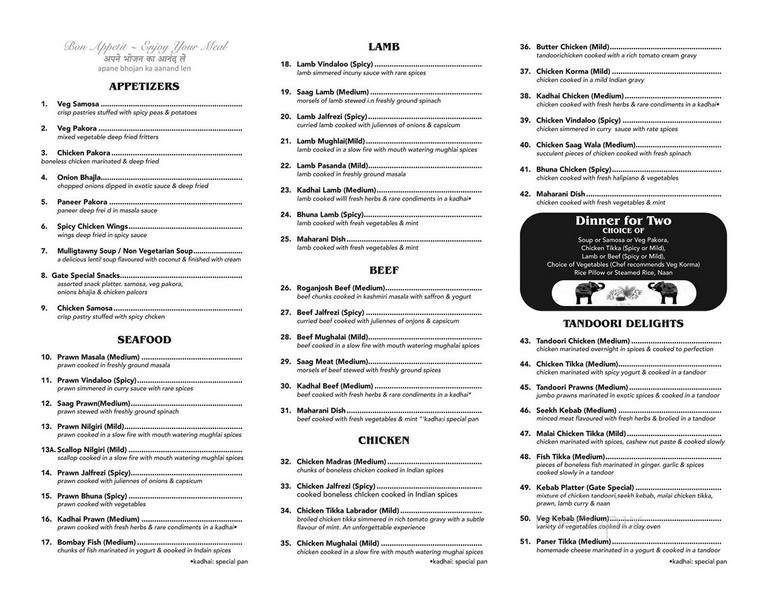 India Gate Restaurant - Saint John's, NL menu_pic
