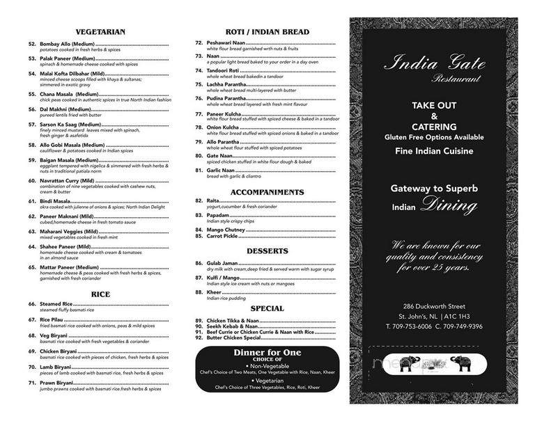 India Gate Restaurant - Saint John's, NL menu_pic