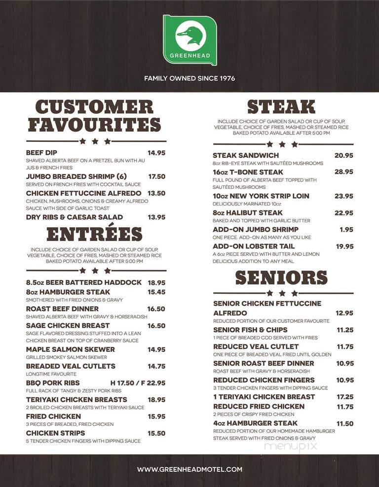 Greenhead Motel & Restaurant - Provost, AB menu_pic
