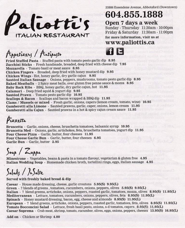 Paliottis Italian Restaurant - Abbotsford, BC menu_pic