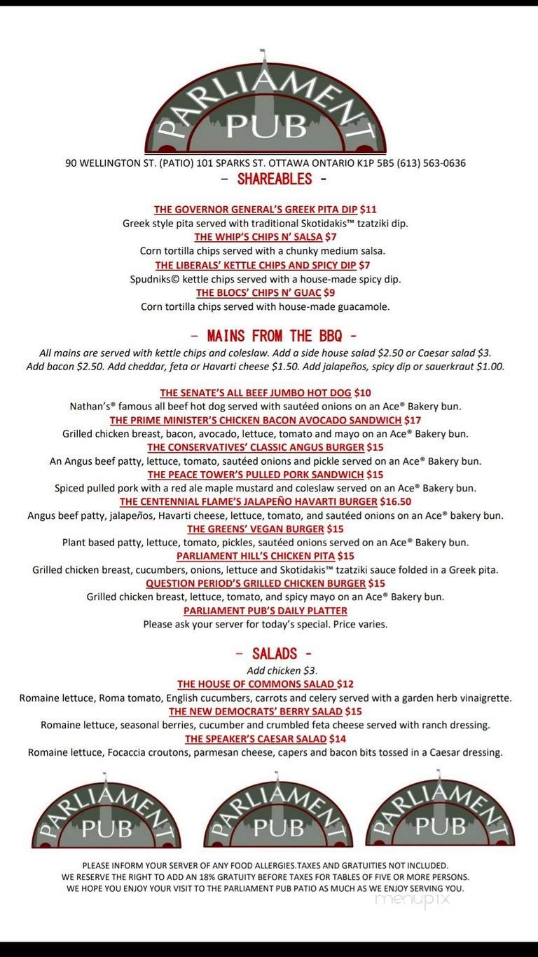 Parliament Pub - Ottawa, ON menu_pic