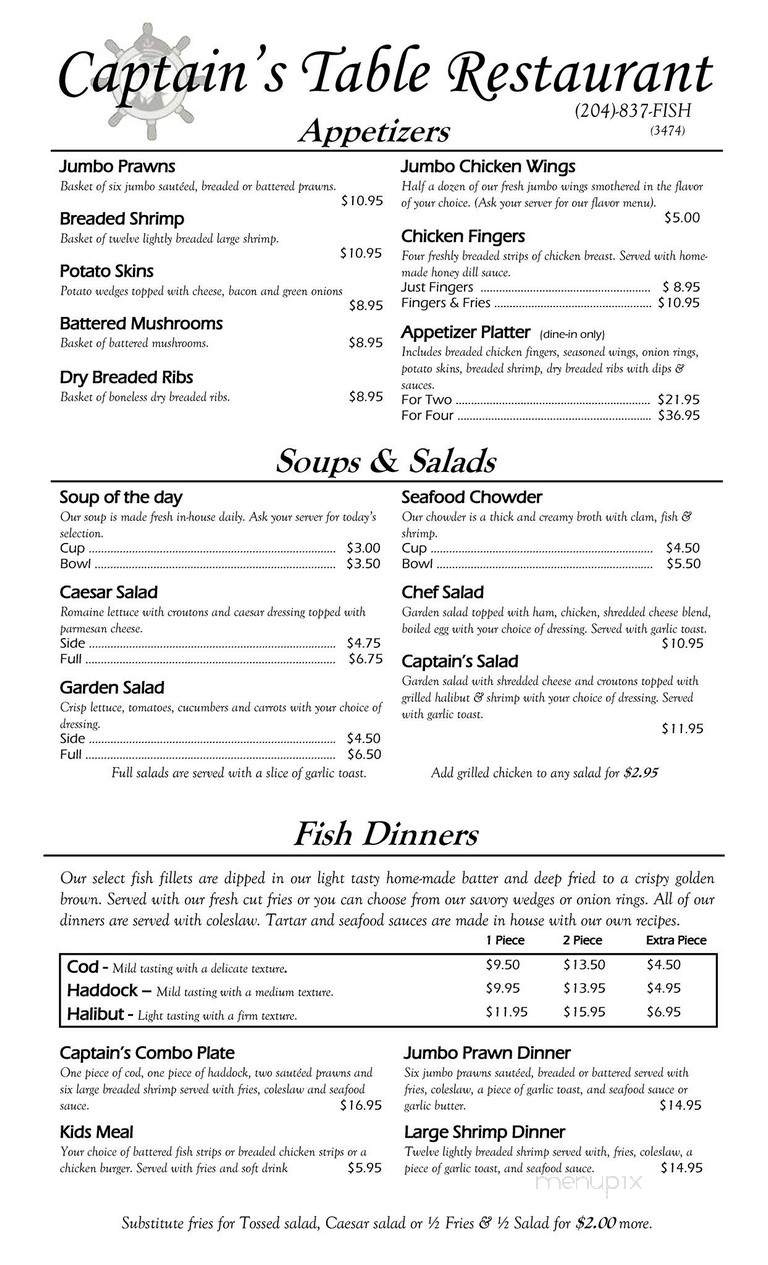 Captain's Table Restaurant - Winnipeg, MB menu_pic