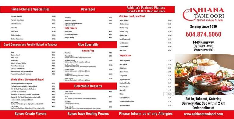 Ashiana Tandoori Restaurant & Sweets Shop - Vancouver, BC menu_pic