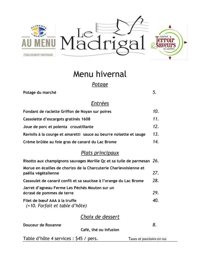 Auberge Spa Le Madrigal - Bromont, QC menu_pic