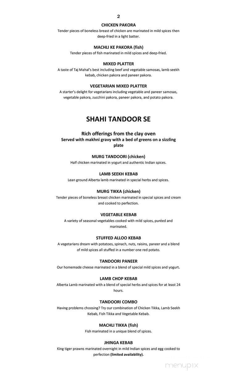 Taj Mahal Restaurant - Calgary, AB menu_pic