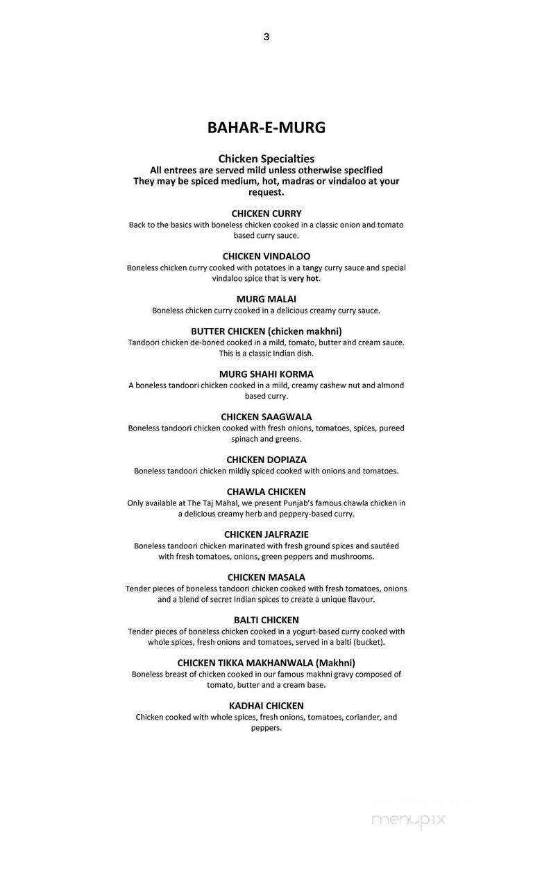 Taj Mahal Restaurant - Calgary, AB menu_pic