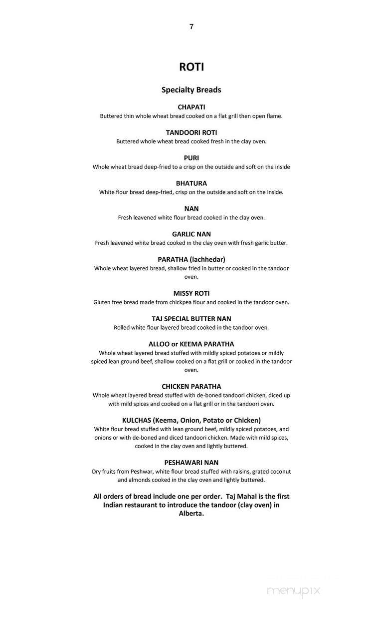Taj Mahal Restaurant - Calgary, AB menu_pic
