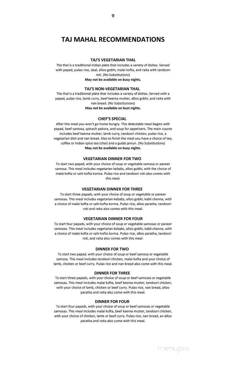 Taj Mahal Restaurant - Calgary, AB menu_pic