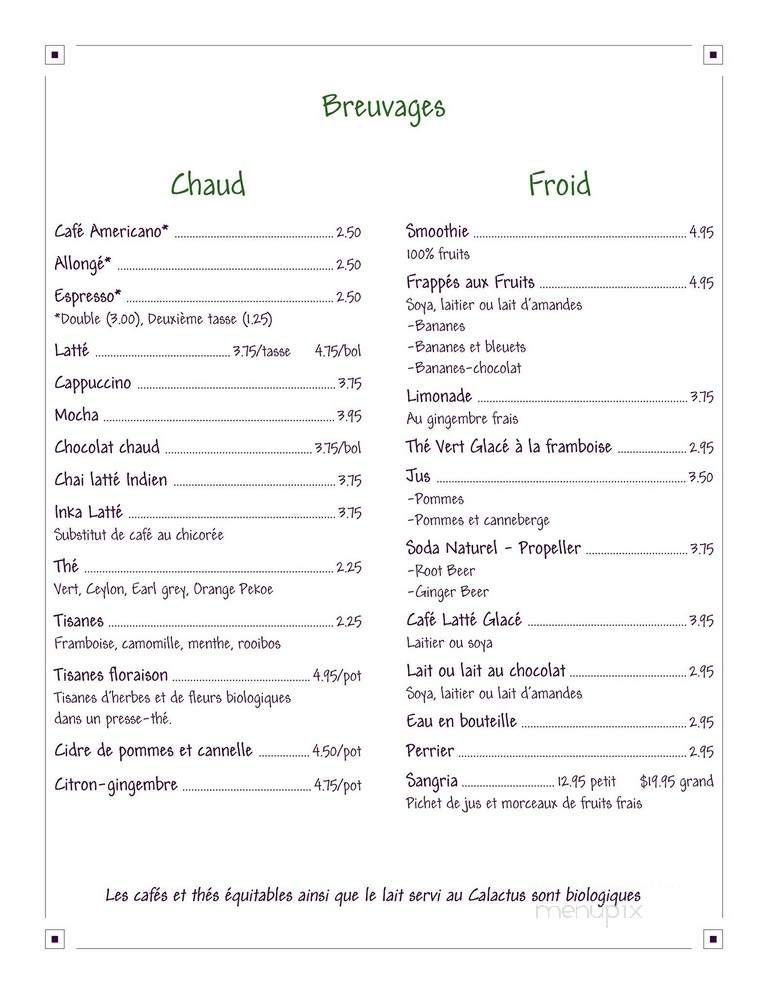 Calactus Cafe Restaurant Vegetarien - Moncton, NB menu_pic