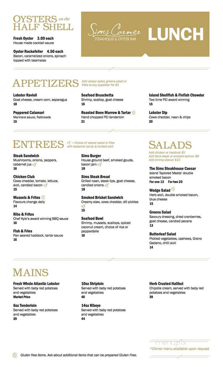 Sims Steakhouse & Oyster Bar - Charlottetown, PE menu_pic