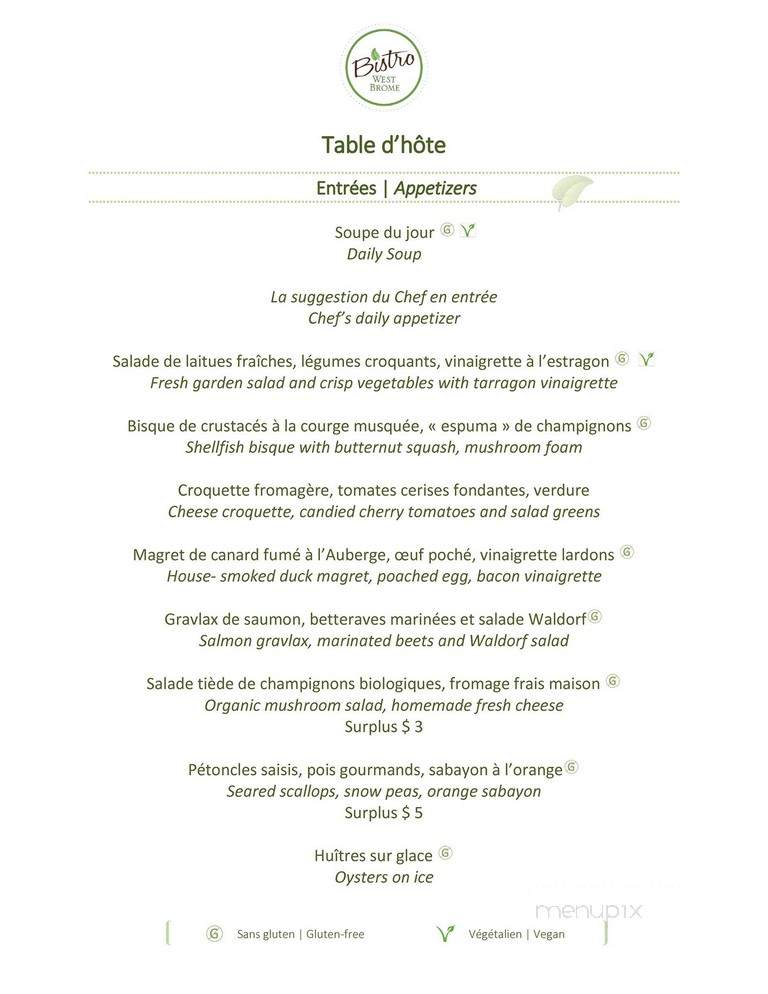 Restaurant Auberge West Brome - West Brome L Brome, QC menu_pic