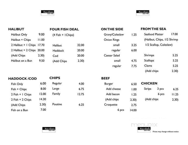 Olde Tyme Fish & Chips - Bowmanville, ON menu_pic