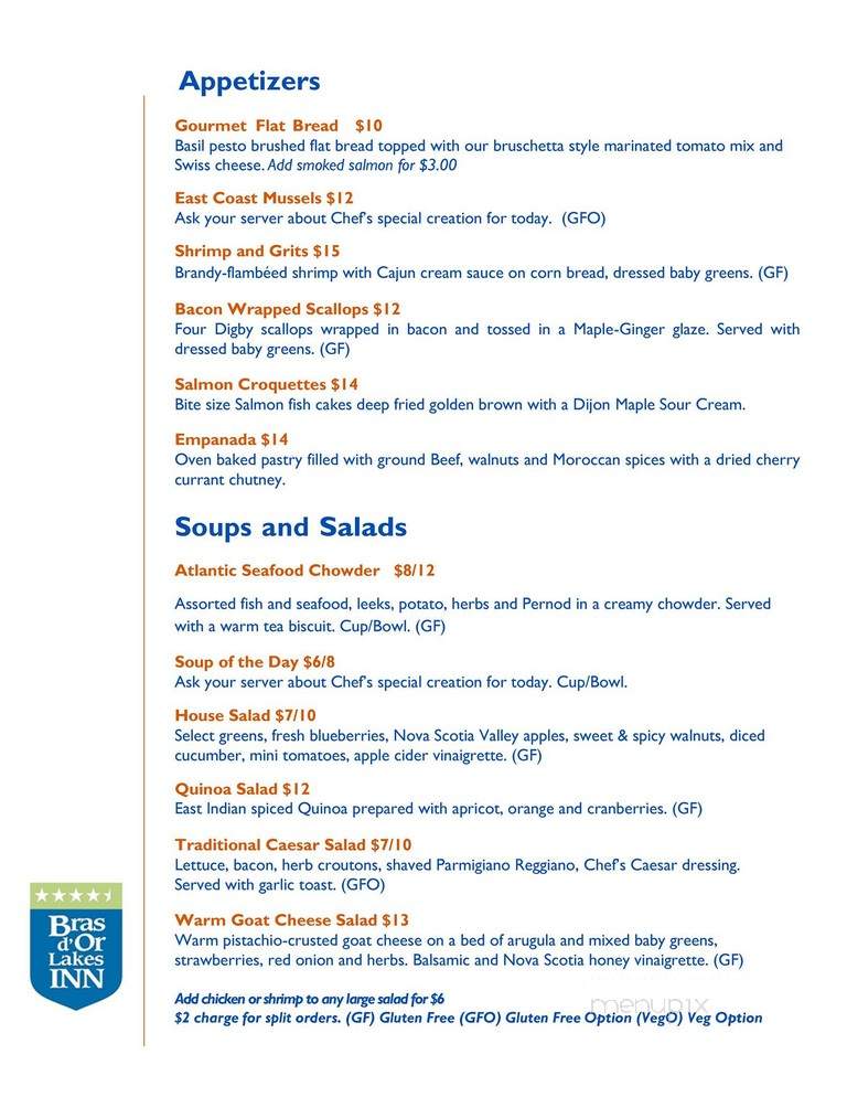 Bras D'Or Lakes Inn - Saint Peters, NS menu_pic