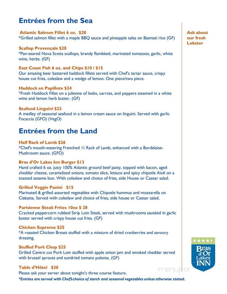 Bras D'Or Lakes Inn - Saint Peters, NS menu_pic