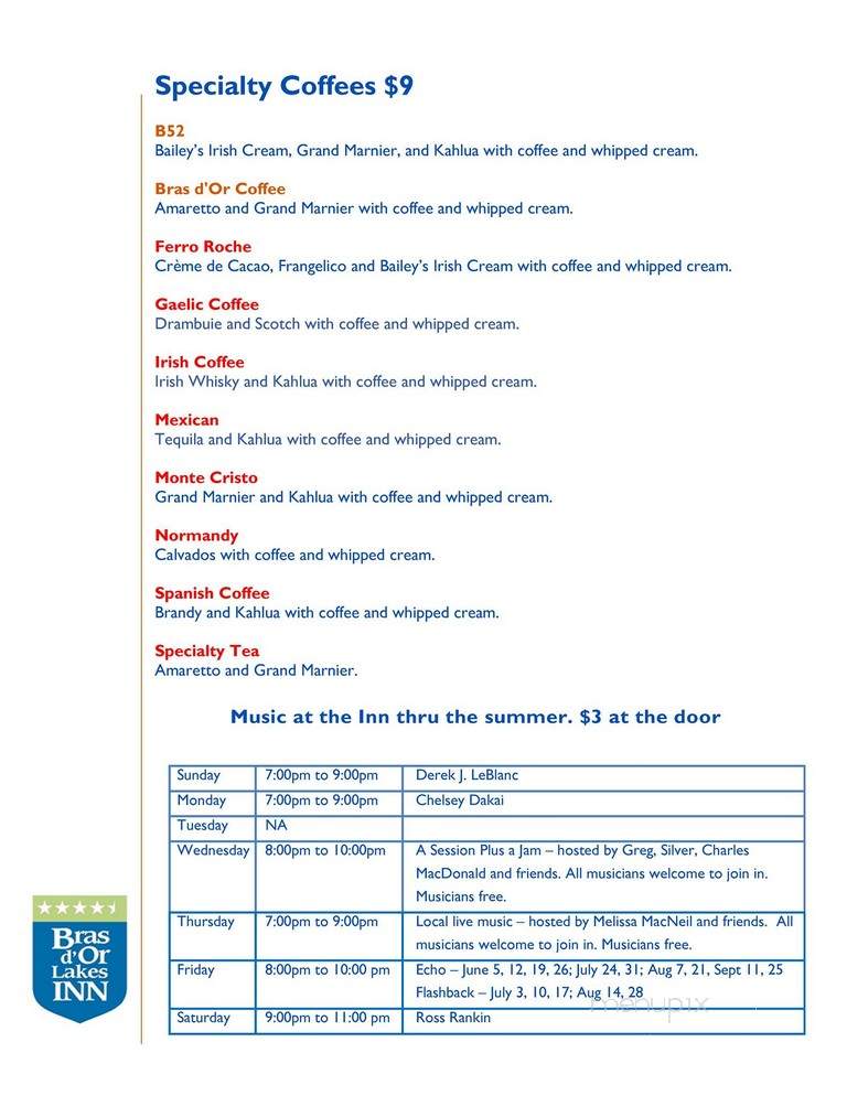 Bras D'Or Lakes Inn - Saint Peters, NS menu_pic