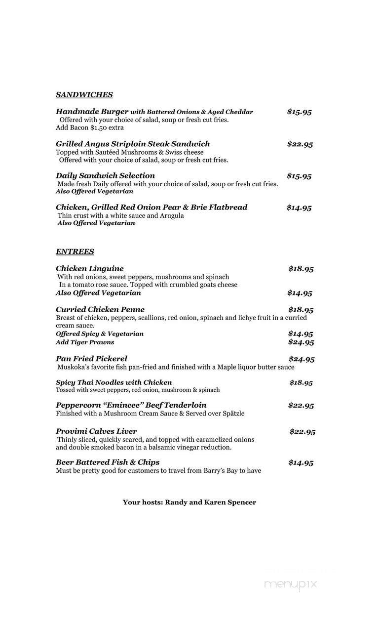Spencer's Tall Trees Restaurant - Huntsville, ON menu_pic