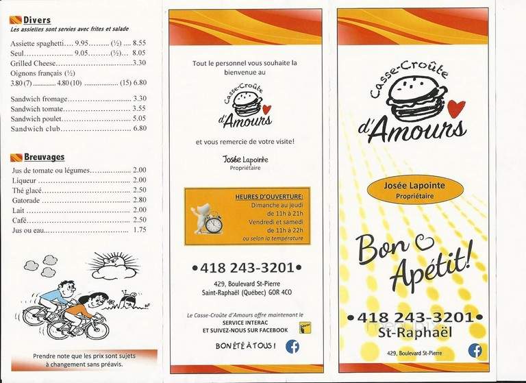 Casse-Croute d'Amours - Saint-Raphael, QC menu_pic