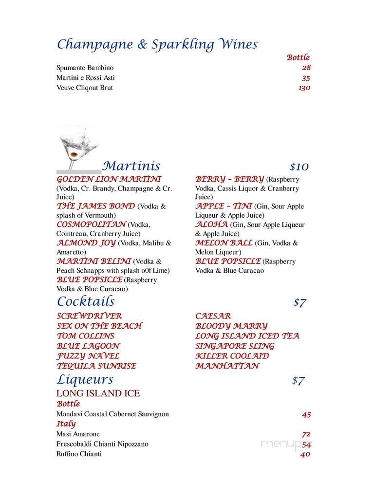 Golden Lion Restaurant & Bar - Toronto, ON menu_pic