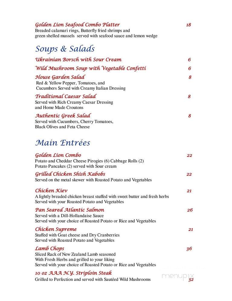 Golden Lion Restaurant & Bar - Toronto, ON menu_pic