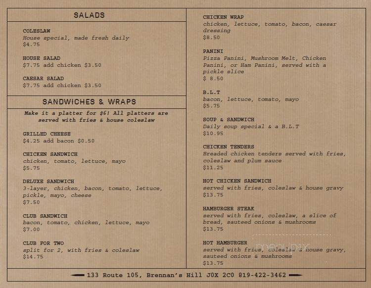 Brennan's Hill Hotel - Low, QC menu_pic