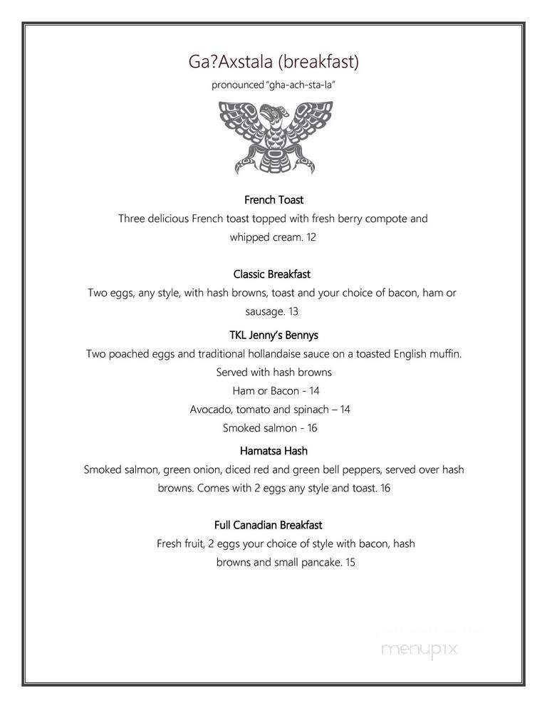 Tsa-Kwa-Luten Oceanfront Resort at Cape Mudge - Quadra Island, BC menu_pic