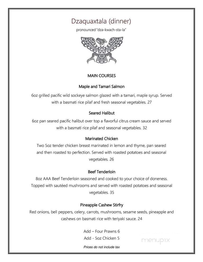 Tsa-Kwa-Luten Oceanfront Resort at Cape Mudge - Quadra Island, BC menu_pic